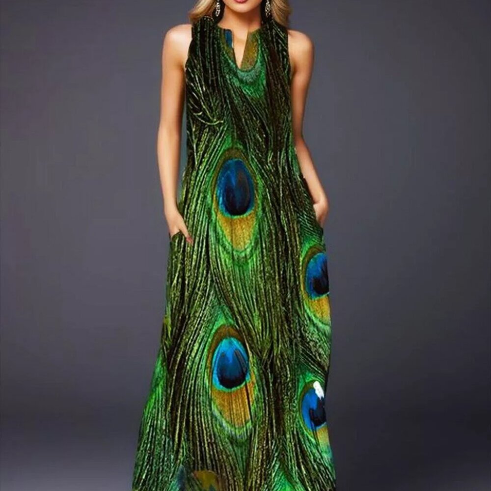 Peacock Print Maxi Dress